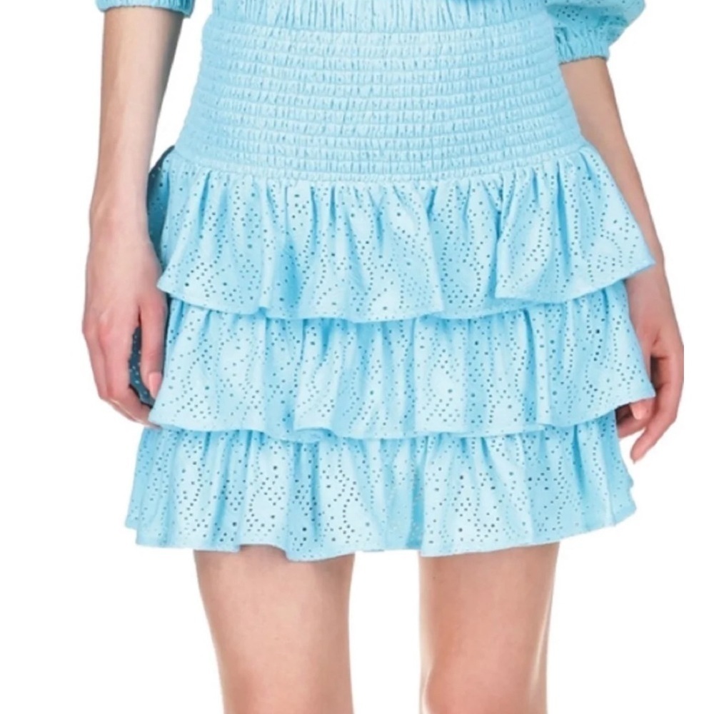 MICHAEL KORS Aqua Eyelet Smocked Tiered Lined Ruffled Pull On l A-Line Skirt L